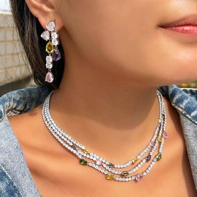 ThreeGraces Shiny Colorful Cubic Zirconia 3 Rows Multi Layer