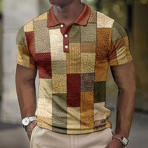 Mens Buttoned Shirt Plaid Pattern Case Lapel rend Digital P