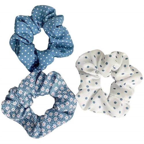 A blue and white polka dot and gingham floral fabric hair sc