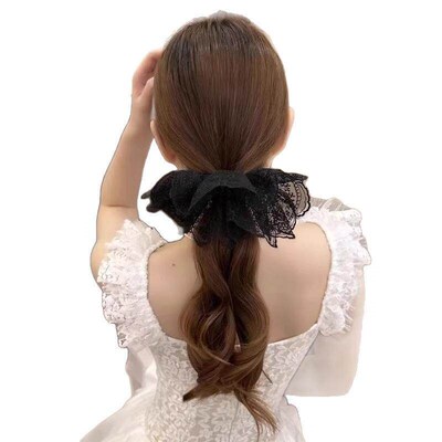 Double-layered lace hair scrunchie, large French white bow w