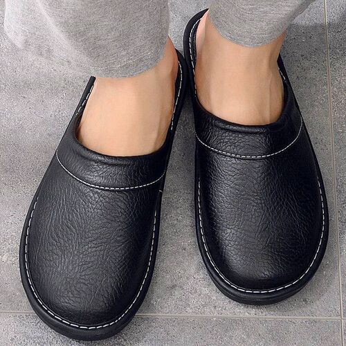 Solid Blue Brown Black Leather Slippers Men Bedroom Shoes