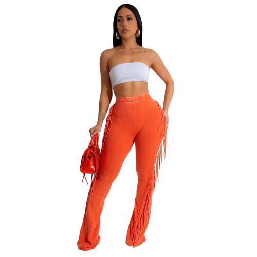 Womens cotton tassel elastic tight fitting micro flared