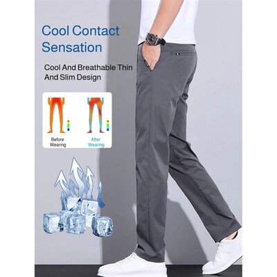 Mens casual pants thin ice silk summer slim straight pants