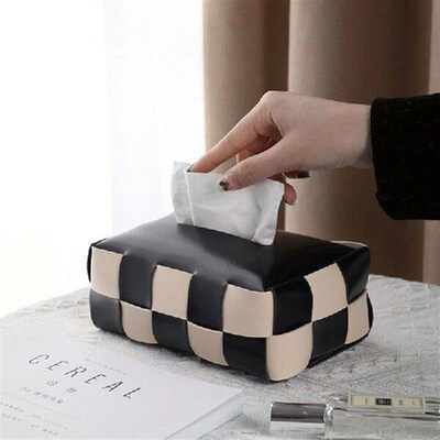 Checkerboard Woven Car Tissue Box High-Value Light Luxury