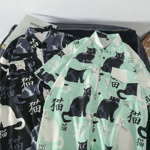 Summer high quality Mens Hawaiian Shirt 3D animal black cat