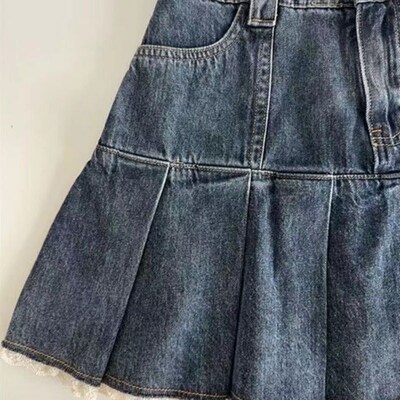 HOUZHOU Blue Denim Skirt Women Lace Patchwork Yk Pleated