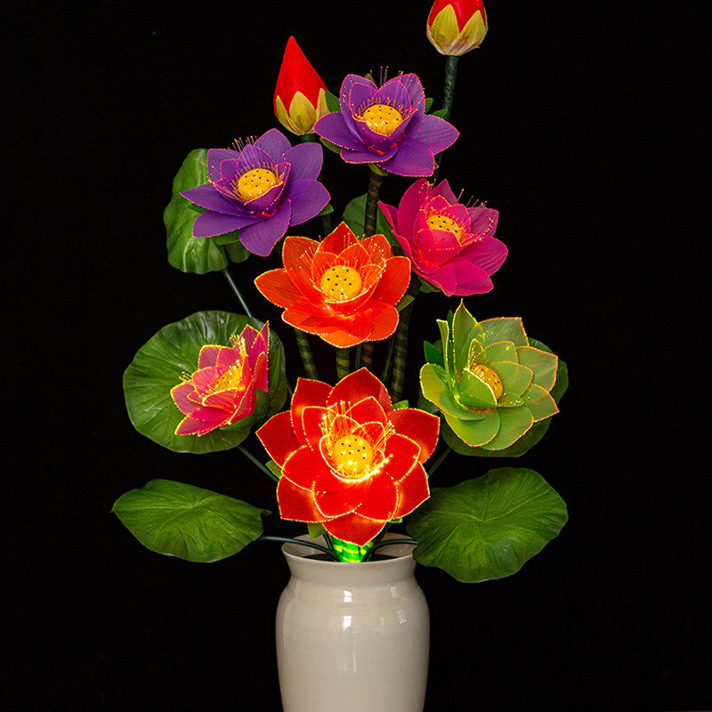 佛前花供奉光纤LED九品莲花灯佛供灯七彩变光荷花感应灯盆景夜灯