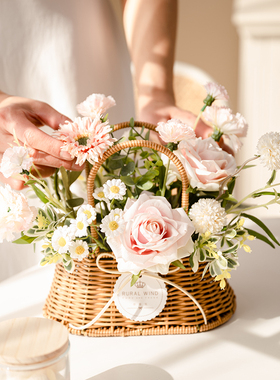 创意礼品花卉草编花篮茶几桌面花艺花瓶摆件客厅插花装饰装饰品