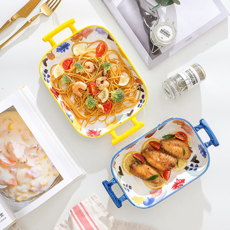 双耳烤盘陶瓷创意烤箱用家用长方形多功能加深焗饭盘西餐盘菜盘