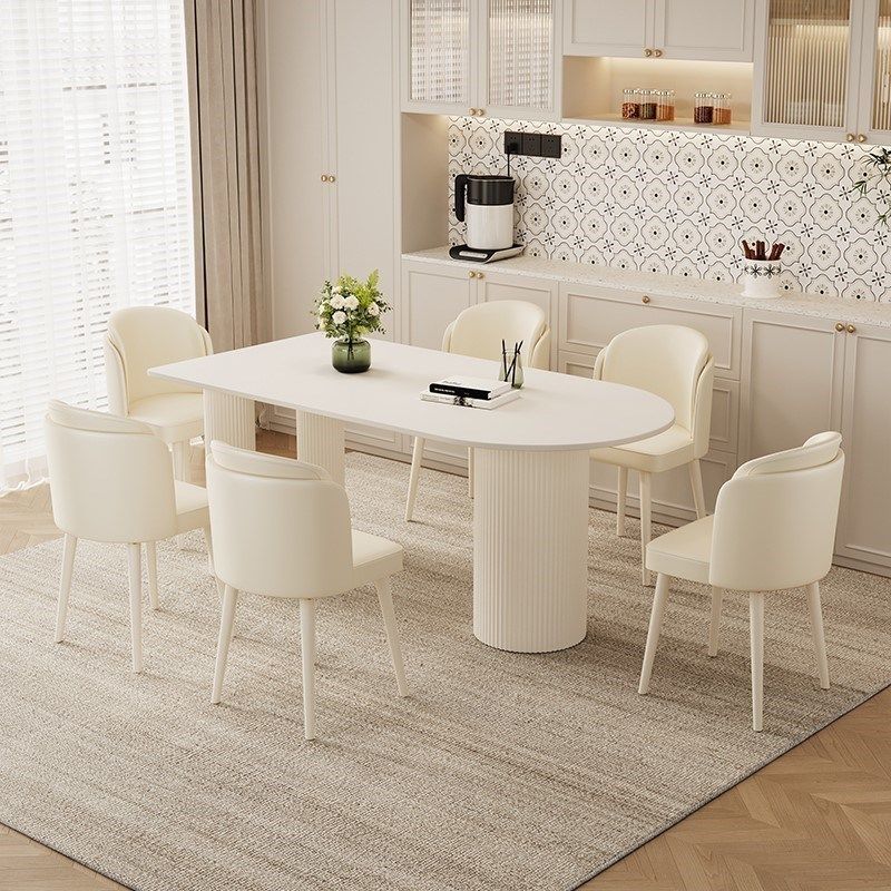 奶油风纯白色半圆弧餐桌一体现代小户型法式多人家用饭台椭圆形,住宅家具,岩板餐桌,淘宝优惠券,粉丝福利购,淘宝优惠卷