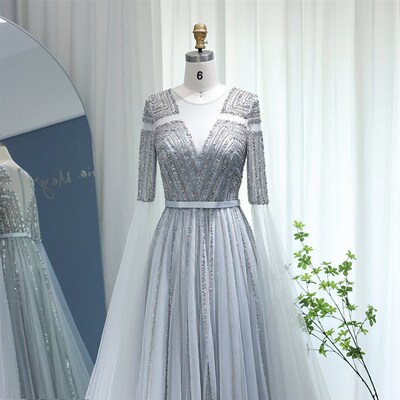 Sharon Said Luxury Dubai Silver Grey Evening Dresses with Ca