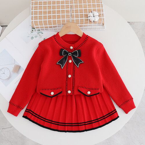 Girls Knitted Skirt Set Black Bow Pocket Cute Fashionable fo