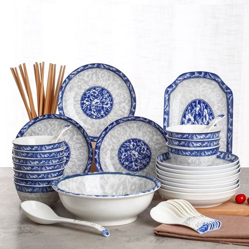 碗碟装 家用餐具碗筷青花瓷陶瓷 碗盘中式 简约复古鱼盘