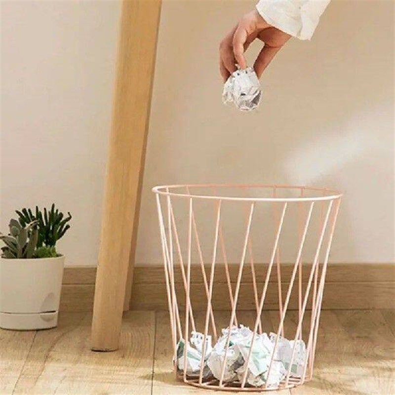 Wrought Iron Wire Cage Trash Can Round Wastebasket Office - 实物图