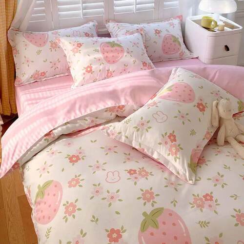 Cute Pink Strawberry Duvet Cover Flat Sheet Pillowcase Flora