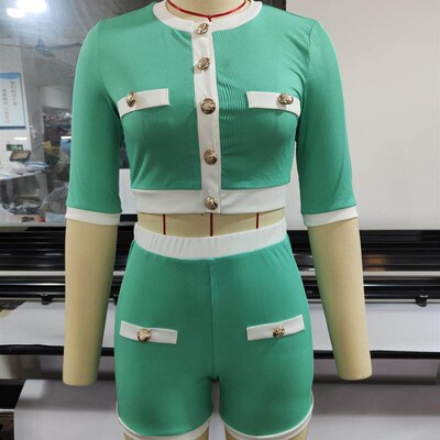 CM.YAYA Knitted Ribbed Patchwork Women 2pcs Set Single Breas