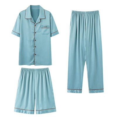 3PCS Mens Set Summer Ice Silk Pajamas Cool Thin Sleepwear M