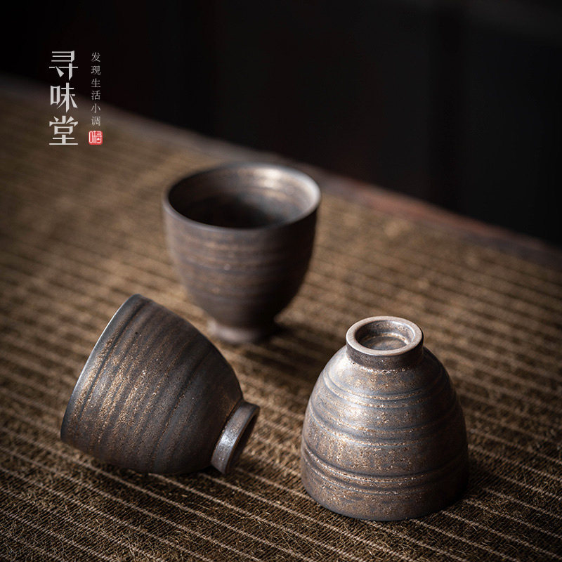 古铜釉粗陶品茗杯复古鎏金铁锈釉小茶杯茶盏小茶碗陶瓷功夫茶具