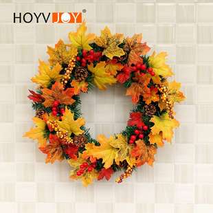 鸿禹 新款感恩节秋色花环 红果枫叶节日装饰花圈家居商场橱窗挂件