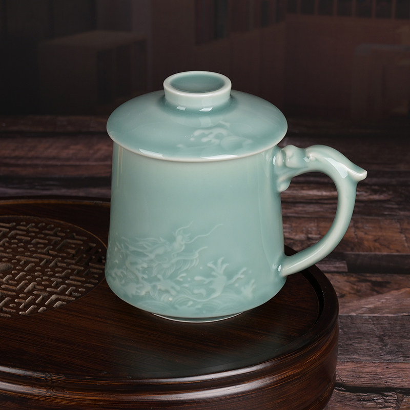 龙泉家用青瓷龙出海泡茶水杯欧式陶瓷有柄茶杯办公礼品会议杯定制