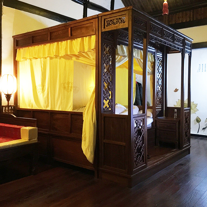 博帏中式蚊帐仿古典风格双月洞拔步架子床明黄布如意整体绣花床幔
