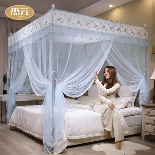 杰元三开门落地式宫廷蚊帐刺绣蕾丝防蚊帐子烤漆不锈钢支架加高