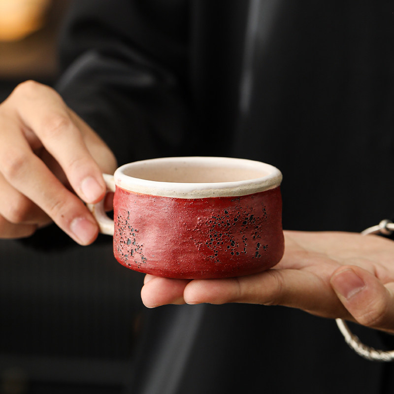 老岩泥陶瓷复古嫣红杯茶杯中式家用高档主人杯品茗杯子带把喝茶杯