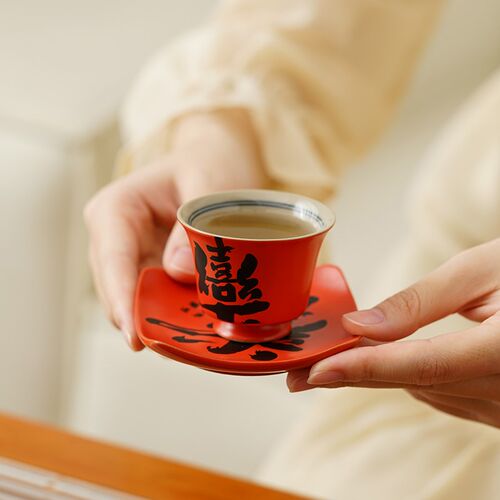 结婚敬茶杯套装一对陶瓷改口品茗喜杯子红色茶杯婚礼新人敬酒用品