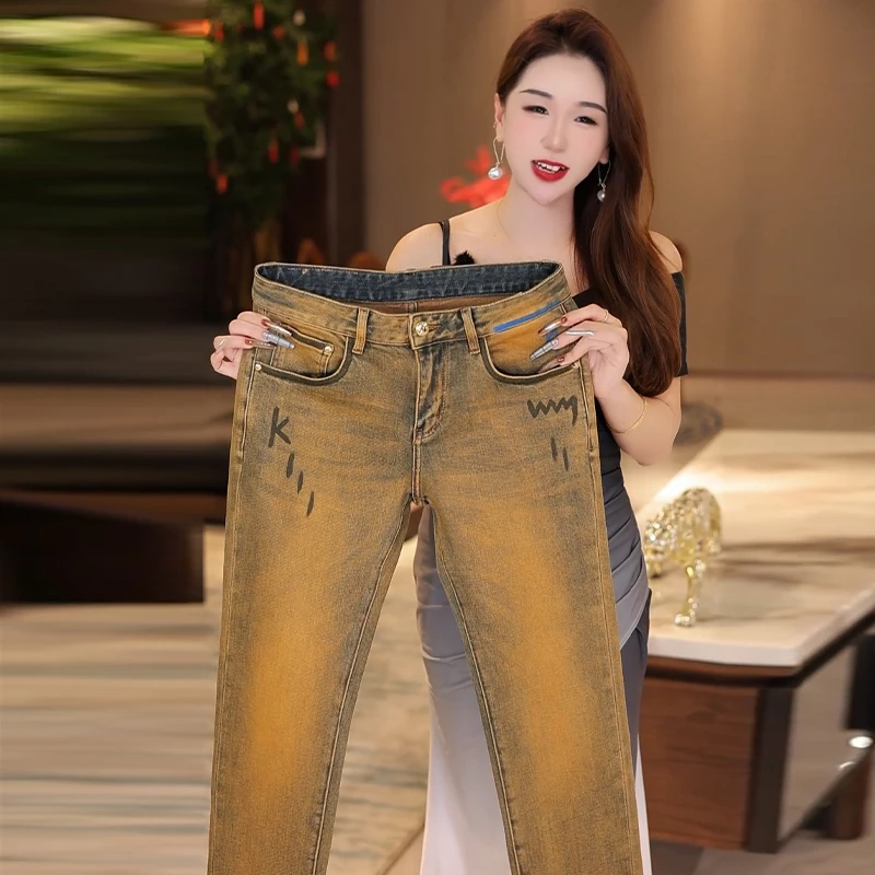 秋冬厚款男士手绘牛仔裤防寒锁温时尚高级感穿搭修身百搭弹力显瘦