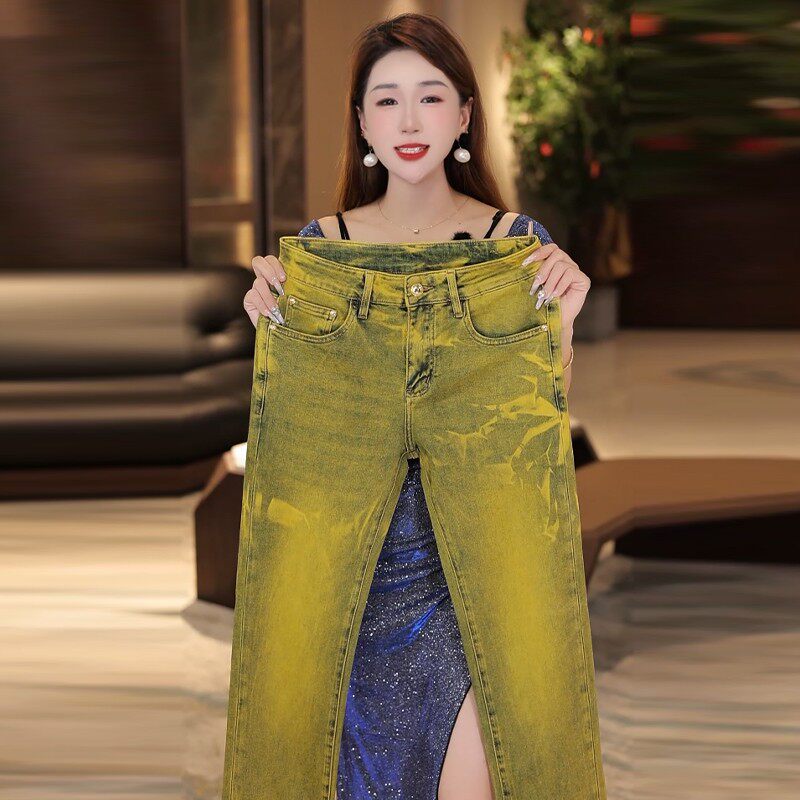 春夏新款男士鎏金色扎染牛仔裤时尚高端大气弹力显瘦裤子潮流穿搭