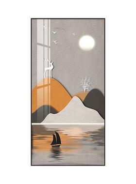 现代版轻奢玄关画装饰鹿橙色麋竖山SF815090水画挂画客厅玄幻走廊
