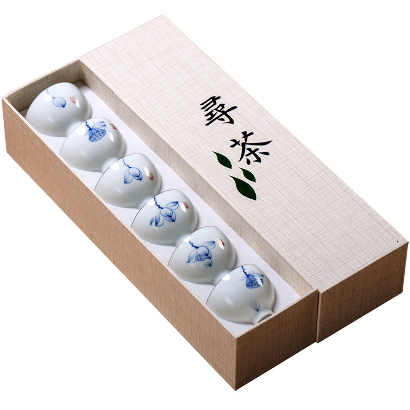 白瓷手绘茶杯套装陶瓷功夫茶具品茗杯主人单杯小茶盏杯6只礼盒装