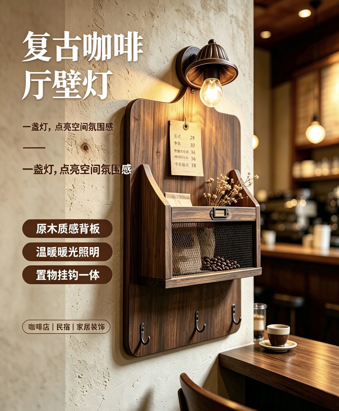 复古实木置物壁灯中古美式工业风咖啡厅民宿带挂钩收纳木板墙壁灯