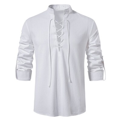 2023 New Mens Casual Blouse Cotton Linen Shirt Tops Long Sl
