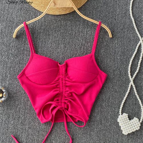 SINGREINY Women Drawstring Strap Crop Tops Sexy Sleeveless V
