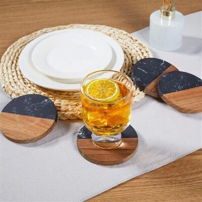 Coasters Set Of 4 For Drinks,Marble-Wood Spliced Coaster