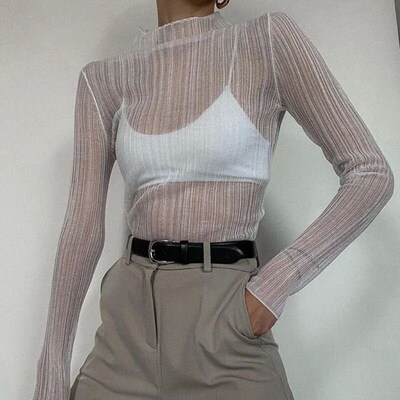 2024 Fall Elegant See Through Long Sleeve Mock Neck Women op