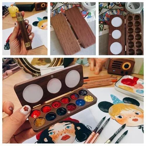 Portable Wooden Handmade Watercolor Paint Palette Empty Magn