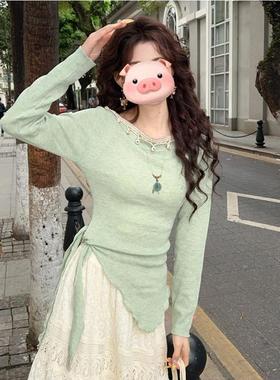 法式温柔风薄荷绿色长袖针织衫女春秋绑带收腰不规则下摆开叉上衣