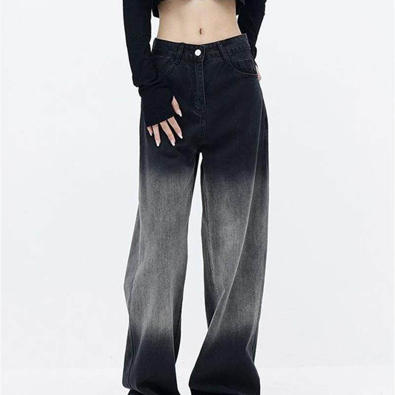 梨形身材黑色渐变牛仔裤女春秋新款胖妹妹mm高腰显瘦直筒阔腿长裤