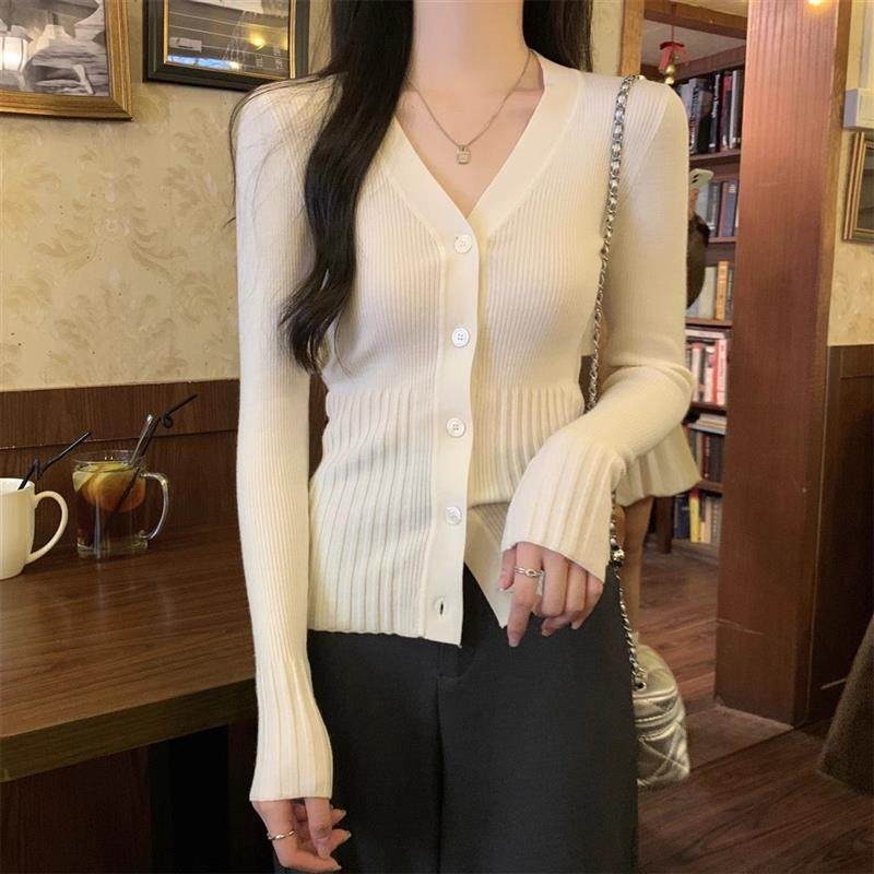 春季v领气质设计感针织内搭开衫女修身显瘦针织毛衣打底衫上衣女