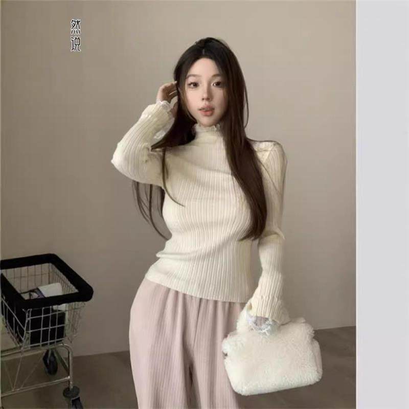 蕾丝拼接高领针织打底衫女秋冬季内搭修身显瘦气质毛衣高级感上衣,女装/女士精品,毛针织衫,淘宝优惠券,粉丝福利购,淘宝优惠卷