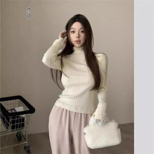 蕾丝拼接高领针织打底衫女秋冬季内搭修身显瘦气质毛衣高级感上衣