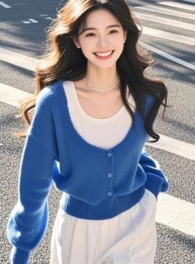洋气减龄上衣蓝色假两件针织衫女2025秋冬新款今年流行的漂亮毛衣