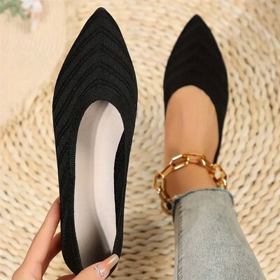 Women Pointed Toe Flat Shoes Solid Color Knitted Slip on Sho