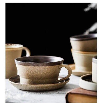 Ceramic Coffee Cup and Saucer Set Handmade Retro Art Milk
