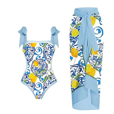 Womens Vintage Swimsuit Lemon Print 1 Piece Swimwear+1 Piec