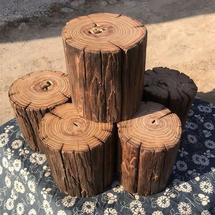 侘寂风原木树桩木桩风化老榆木花架木墩摆件实木墩子矮凳老树墩子