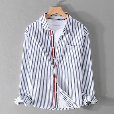 Spring Autumn Mens Clothes Striped Lapel Casual Loose Cotto