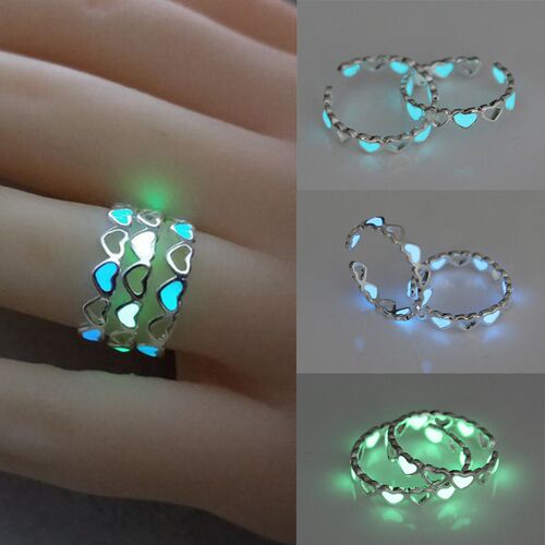 Adjustable Hollow Heart Luminous Ring Glow In Dark Silver Co